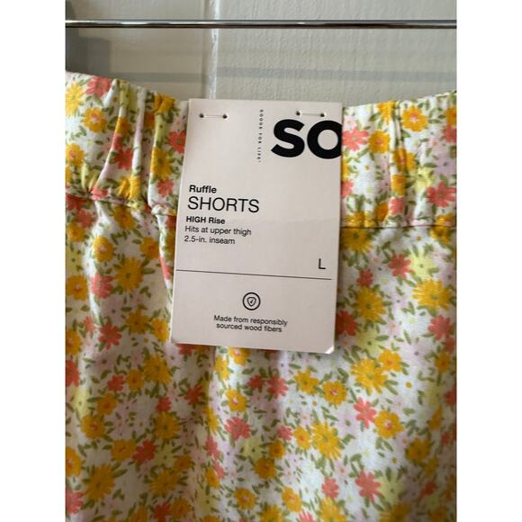 So High Rise Pull on Ruffle Shorts Ditsy Floral Print Yellow L - Picture 7 of 7